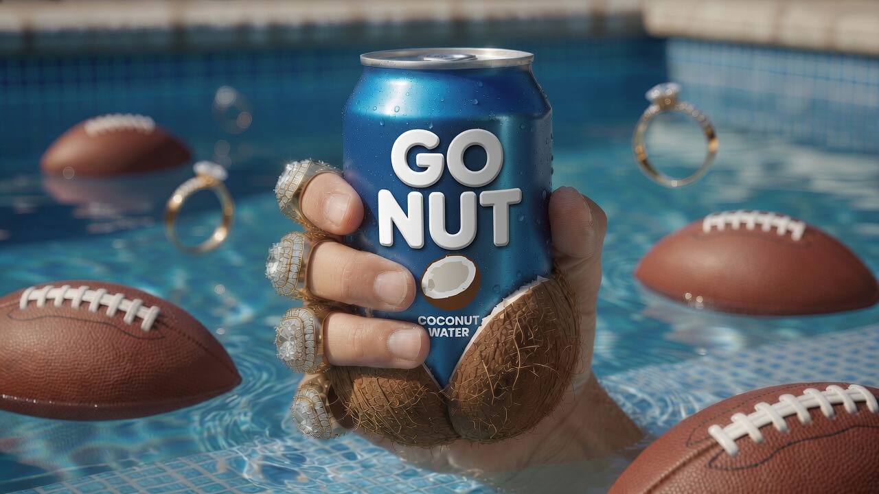 A ring-covered hand holding a GO NUT coconut water can over cracked coconuts in a pool