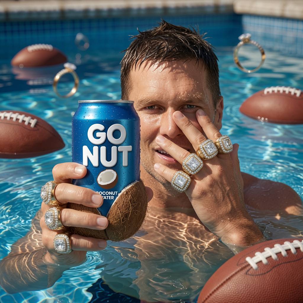 Man holding a GO NUT coconut water can in a pool wearing championship rings